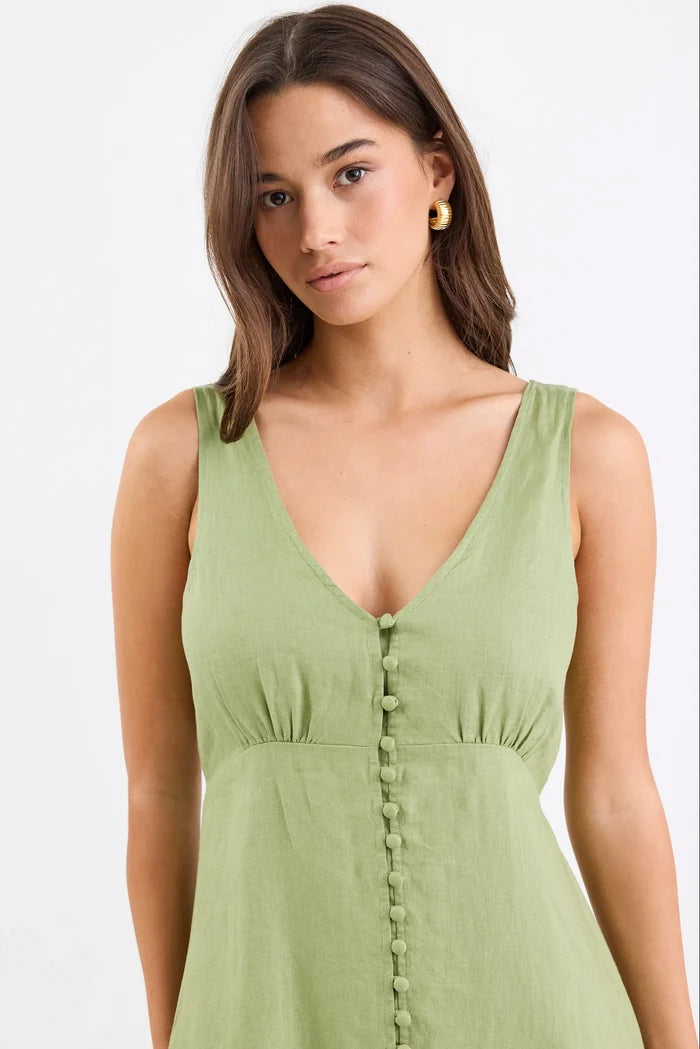 Panama Sleeveless Button Front Midi Dress (Moss)
