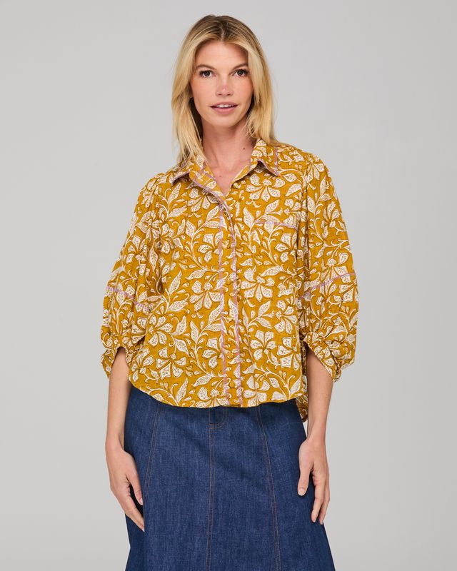 Boom Shankar Women's Mustard Print Pari Shirt | Gretel Lane