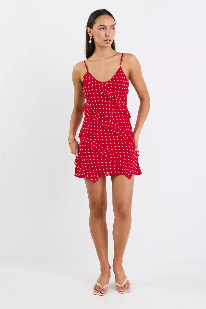 Passion Bias Ruffle Mini Slip Dress (Cherry Ditsy Polka Dot)