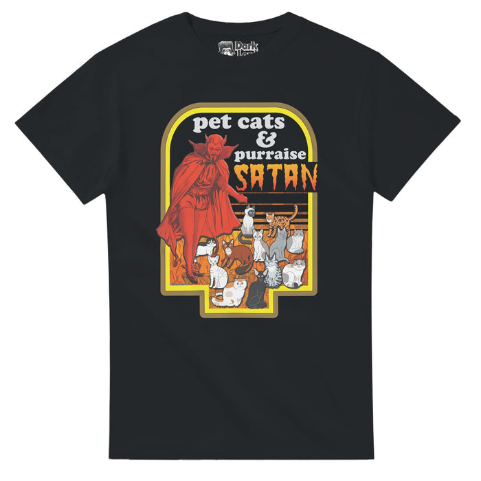 A vintage, 70s style t-shirt that has the hilarious cat pun "pet cats & purraise SATAN" with the word Satan in scarry, Halloween like text in hombre yellows and reds. Includes an image of a red colored Satan devil standing above multiple cats of all colors and patterns, gray, brown, white, striped, cheetah print, against a background of flames outlined in yellow and brown.