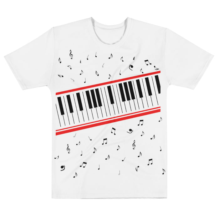 A vintage, 80s style mens crew neck t-shirt in the color white with small black music notes all over the front of the t-shirt, piano keys from a piano cutting diagonally across the shirt outlined in red. From the famous music video for Michael Jackson's hit song "Beat It".