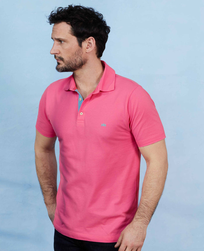 Men's Pink Cotton Pique Short Sleeve Polo Shirt model shot