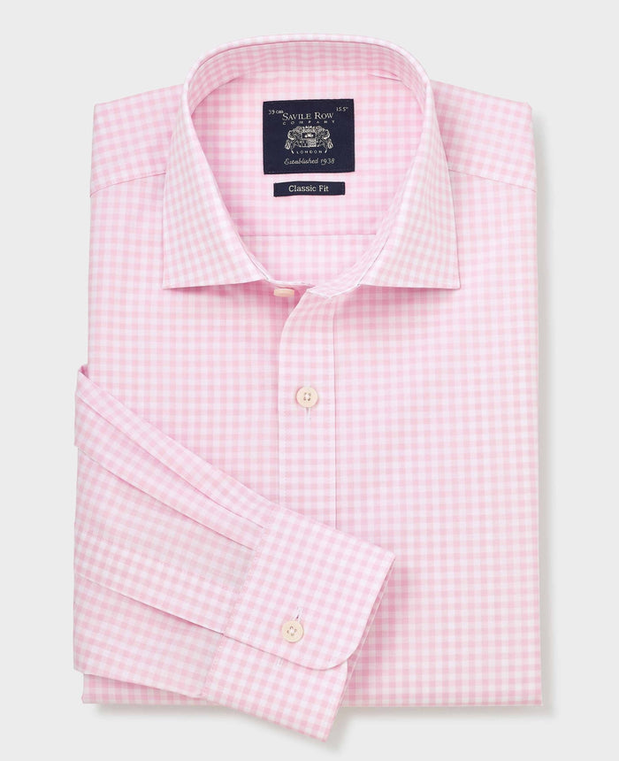 Men's Pink Cotton Poplin Gingham Check Classic Fit Formal Shirt With Single Cuffs folded