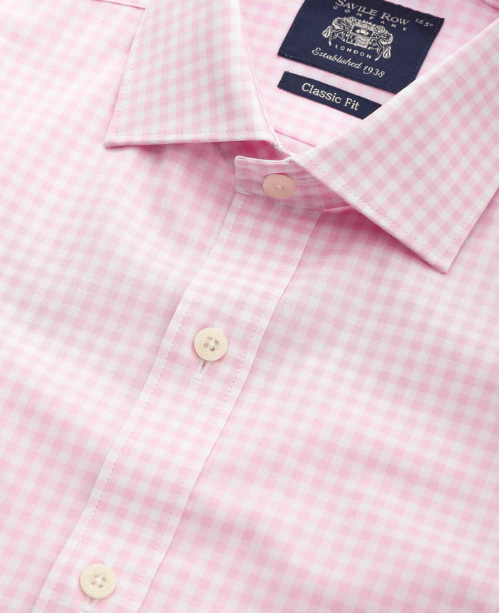Men's Pink Cotton Poplin Gingham Check Classic Fit Formal Shirt With Single Cuffs collar detail