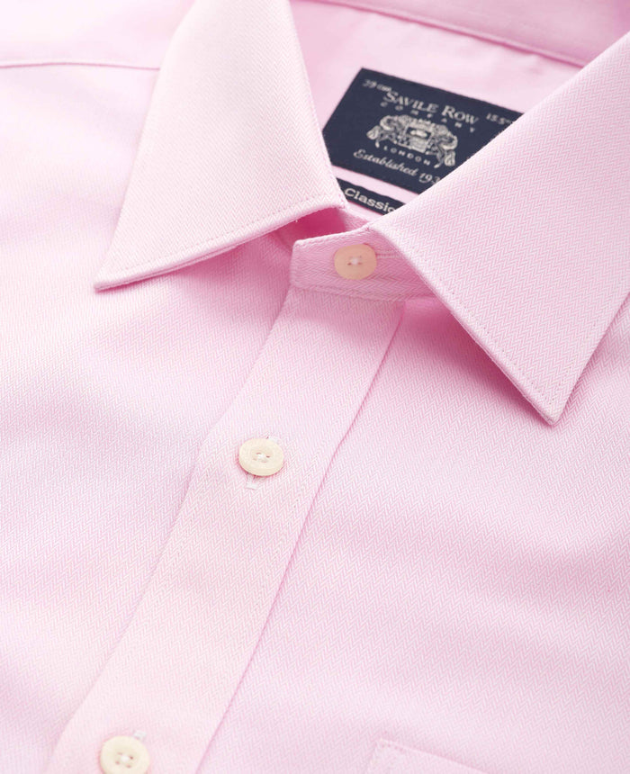 Men's Pink Herringbone Cotton Classic Fit Formal Shirt With Double Cuffs collar detail