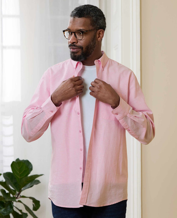 Men's Pink Linen Cotton Classic Fit Button-Down Casual Shirt model shot