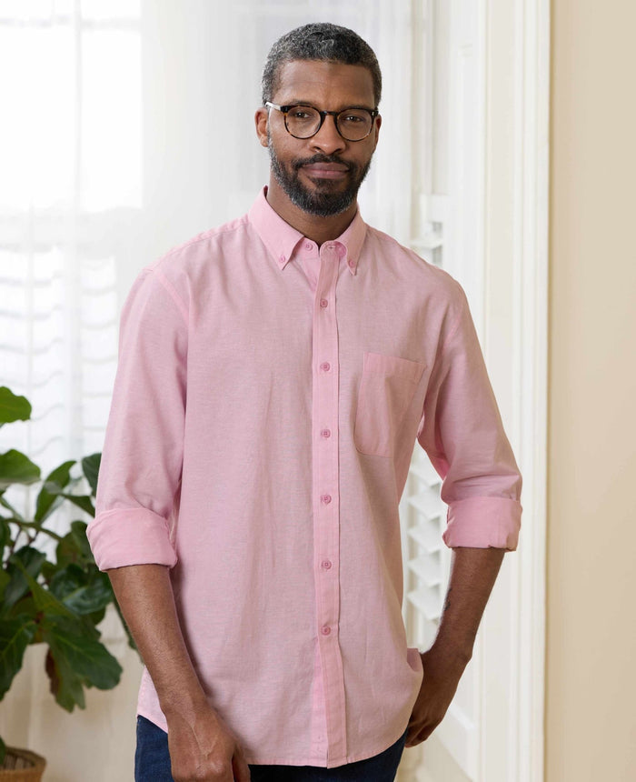 Men's Pink Linen Cotton Classic Fit Button-Down Casual Shirt model shot