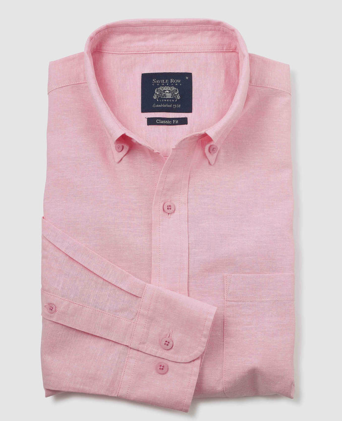 Men's Pink Linen Cotton Classic Fit Button-Down Casual Shirt folded shot