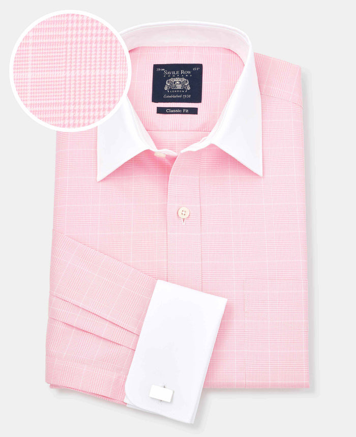 Men's Pink POW Check Winchester Classic Fit Formal Shirt With Double Cuffs with fabric swatch