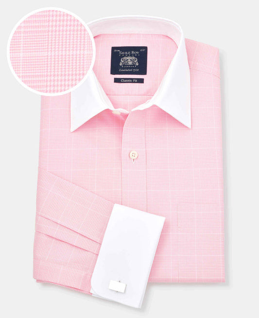 Men's Pink POW Check Winchester Classic Fit Formal Shirt With Double Cuffs with fabric swatch