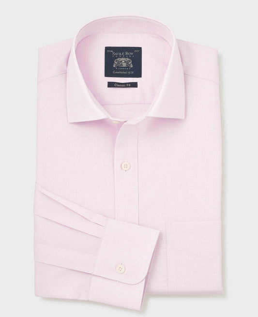 Men's Pink Prince of Wales Check Cotton Twill Classic Fit Formal Shirt With Single Cuffs folded shot