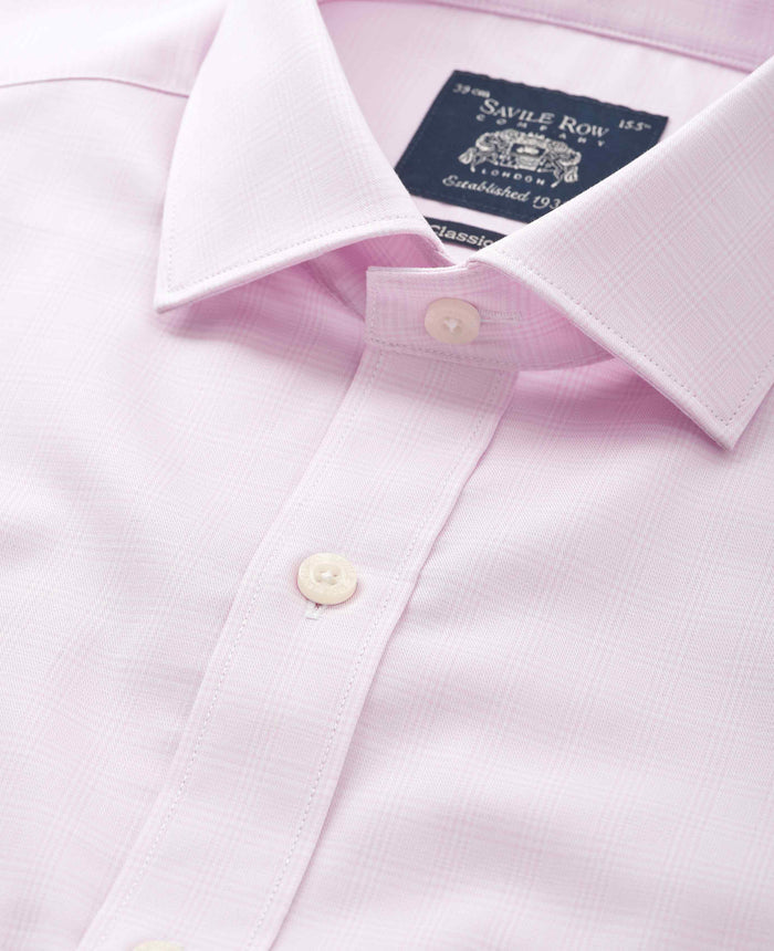 Men's Pink Prince of Wales Check Cotton Twill Classic Fit Formal Shirt With Single Cuffs collar detail