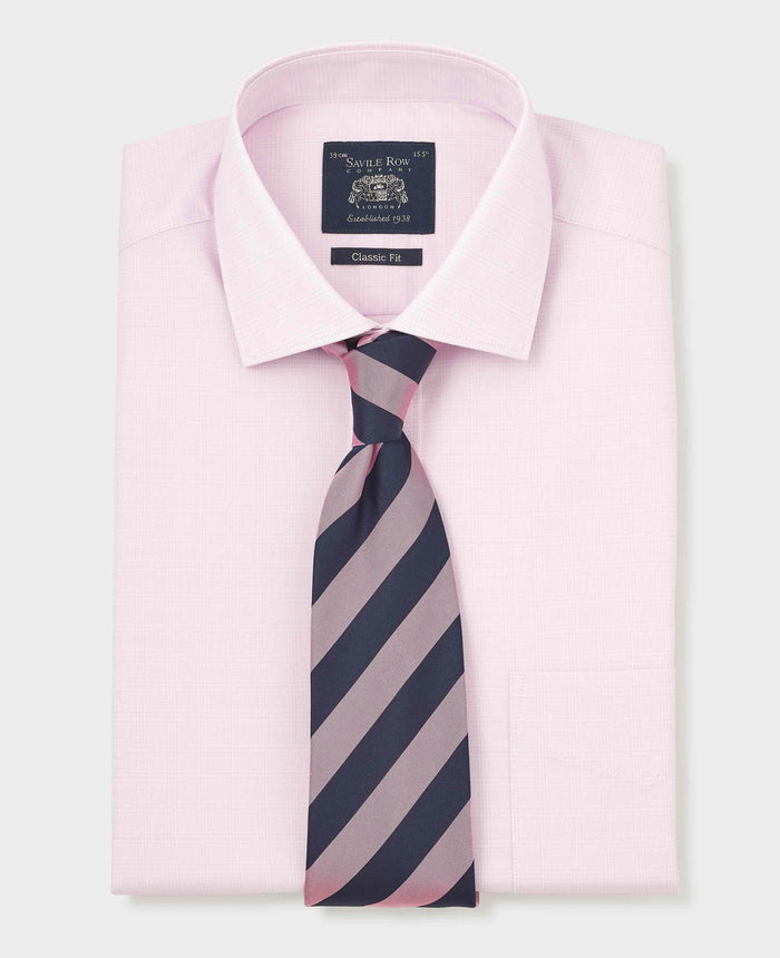 Men's Pink Prince of Wales Check Cotton Twill Classic Fit Formal Shirt With Single Cuffs folded with tie