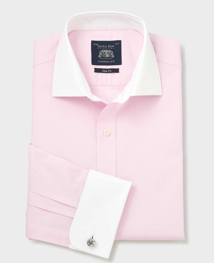 Men's Pink Slim Fit Cotton Poplin Winchester Shirt - Double Cuff folded shot