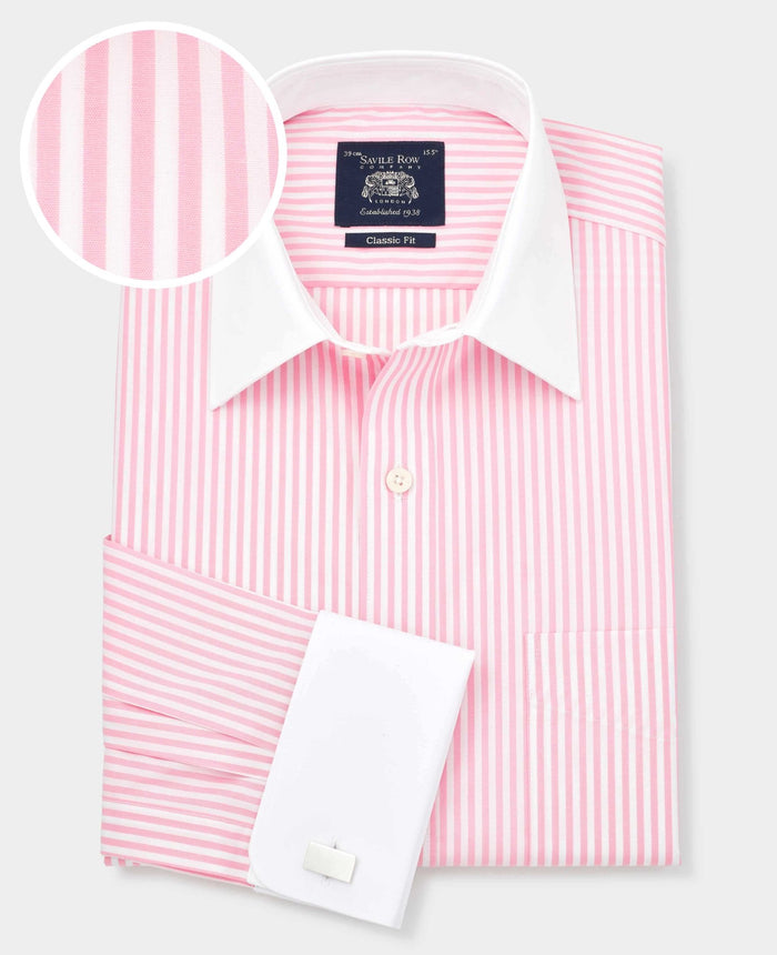 Men's Pink Stripe Contrast Collar Formal Shirt With Double Cuffs with fabric swatch