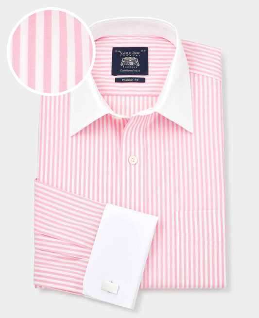 Men's Pink Stripe Contrast Collar Formal Shirt With Double Cuffs with fabric swatch