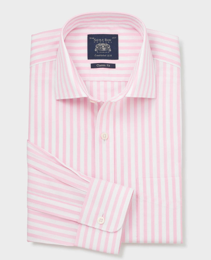 Men's Pink Stripe Cotton Poplin Classic Fit Formal Shirt With Single Cuffs folded shot