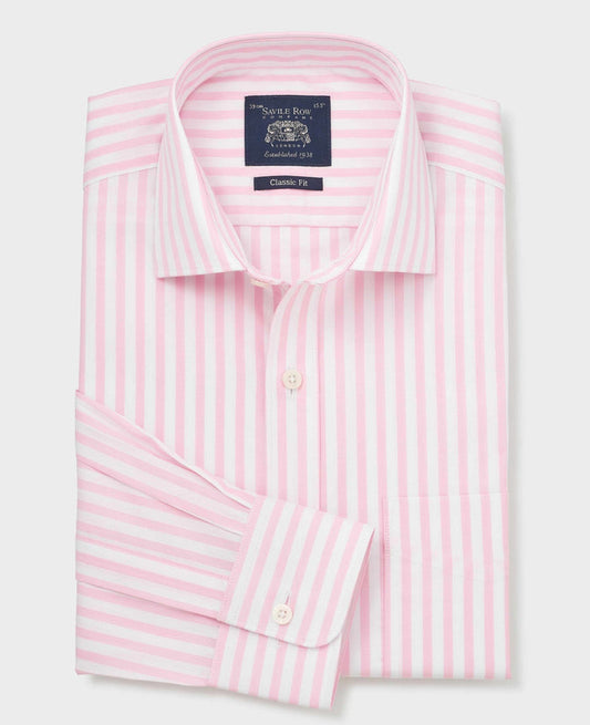 Men's Pink Stripe Cotton Poplin Classic Fit Formal Shirt With Single Cuffs folded shot