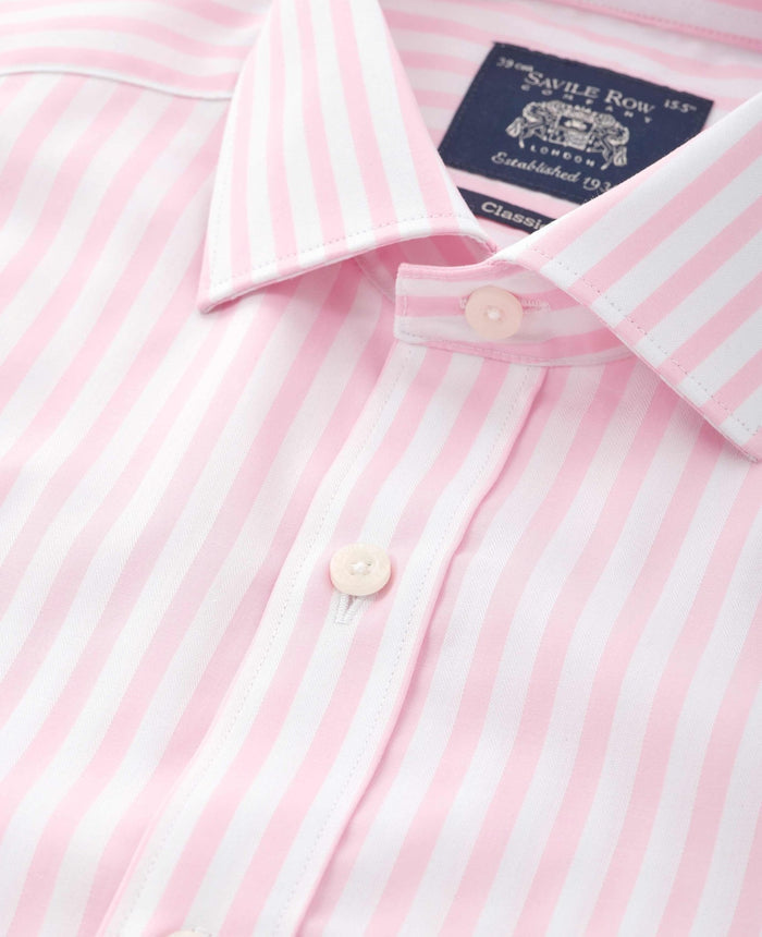 Men's Pink Stripe Cotton Poplin Classic Fit Formal Shirt With Single Cuffs collar detail