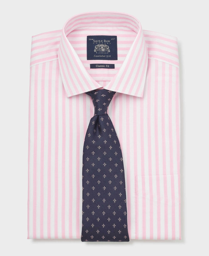 Men's Pink Stripe Cotton Poplin Classic Fit Formal Shirt With Single Cuffs folded with tie