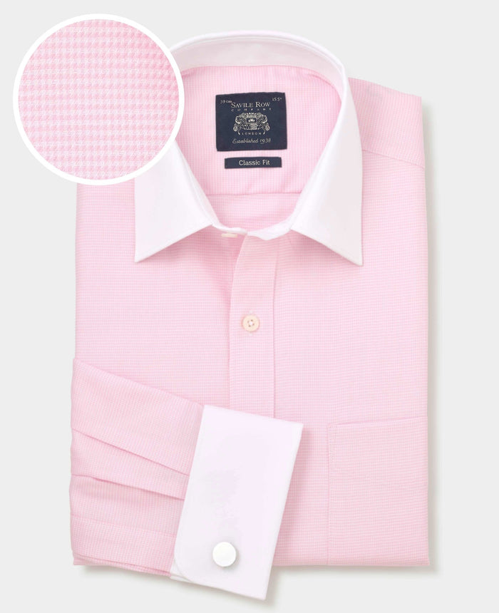 Men's Pink Textured Cotton Puppytooth Classic Fit Winchester Formal Shirt With Double Cuffs with fabric swatch