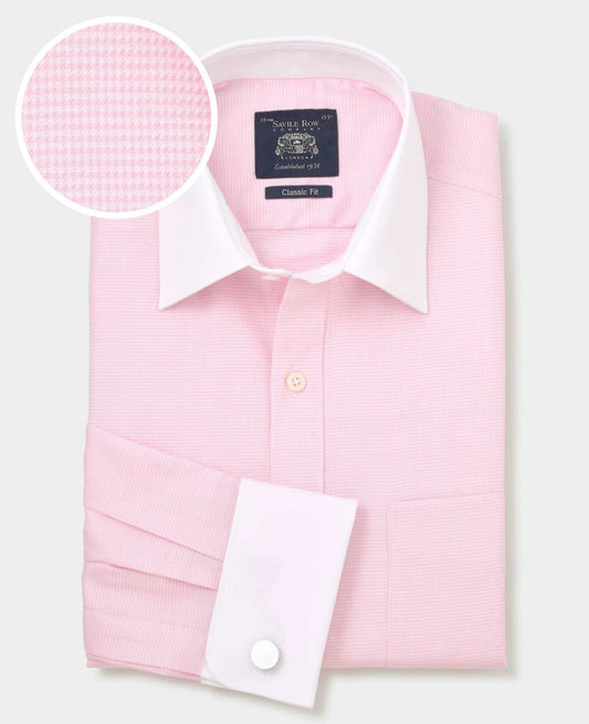 Men's Pink Textured Cotton Puppytooth Classic Fit Winchester Formal Shirt With Double Cuffs with fabric swatch