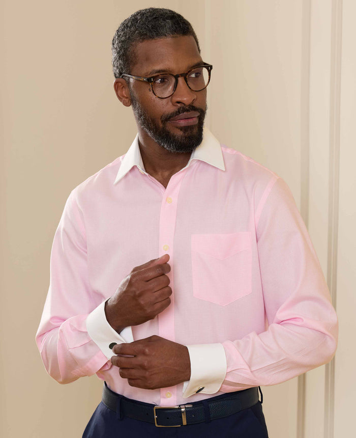 Men's Pink Textured Cotton Puppytooth Classic Fit Winchester Formal Shirt With Double Cuffs model shot