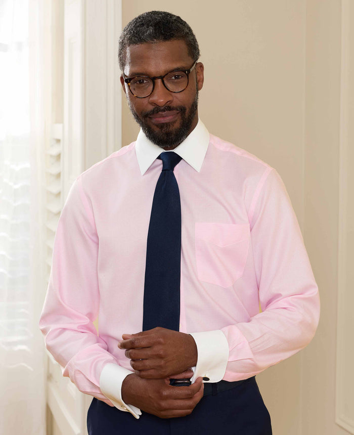 Men's Pink Textured Cotton Puppytooth Classic Fit Winchester Formal Shirt With Double Cuffs model shot