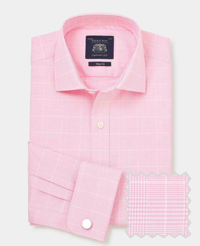 Men's Pink White Cotton Prince of Wales Check Slim Fit Formal Shirt With Double Cuff product shot with swatch
