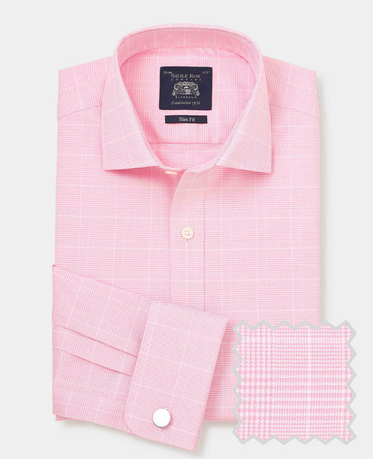 Men's Pink White Cotton Prince of Wales Check Slim Fit Formal Shirt With Double Cuff product shot with swatch