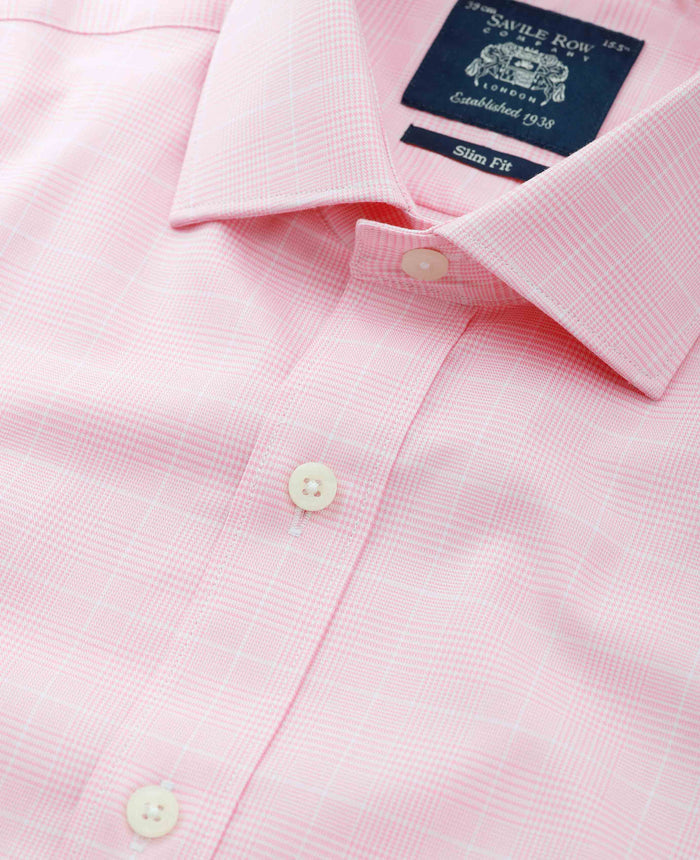 Men's Pink White Cotton Prince of Wales Check Slim Fit Formal Shirt With Double Cuff collar detail
