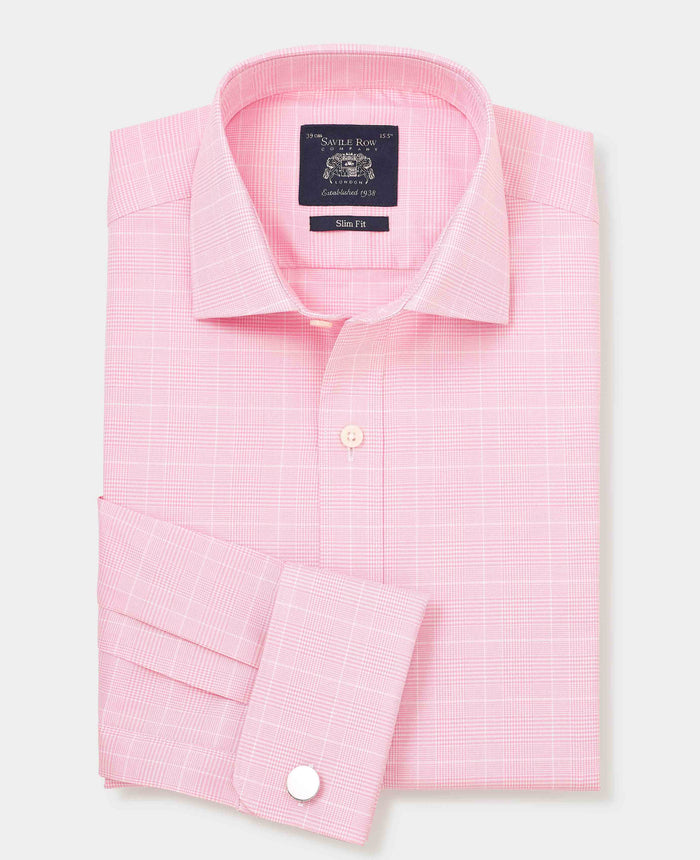 Men's Pink White Cotton Prince of Wales Check Slim Fit Formal Shirt With Double Cuff folded