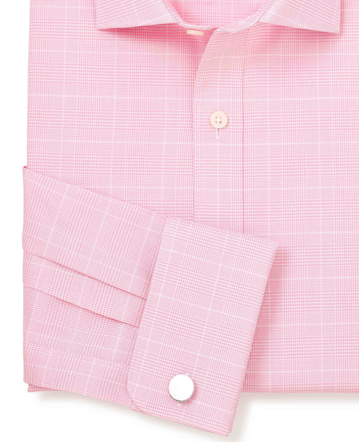 Men's Pink White Cotton Prince of Wales Check Slim Fit Formal Shirt With Double Cuff sleeve detail