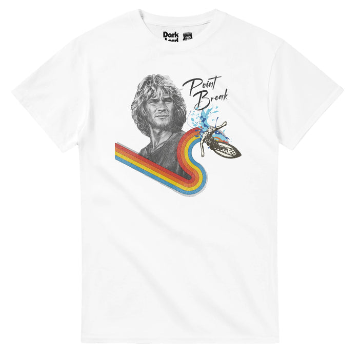 A white colored souvenir, vintage short sleeved Point Break t-shirt with an image of character Bodhi, played by iconic actor Patrick Swayze, staring into the distance, with a guy surfing below, waves splashing out from behind his checkered surfboard and a rainbow of red, orange, yellow, and blue mapping the surfer's path through the ocean. References the thriller action movie from 1991 called Point Break which also starred a young Keanu Reeves as Johnny Utah and Lori Petty as Tyler.