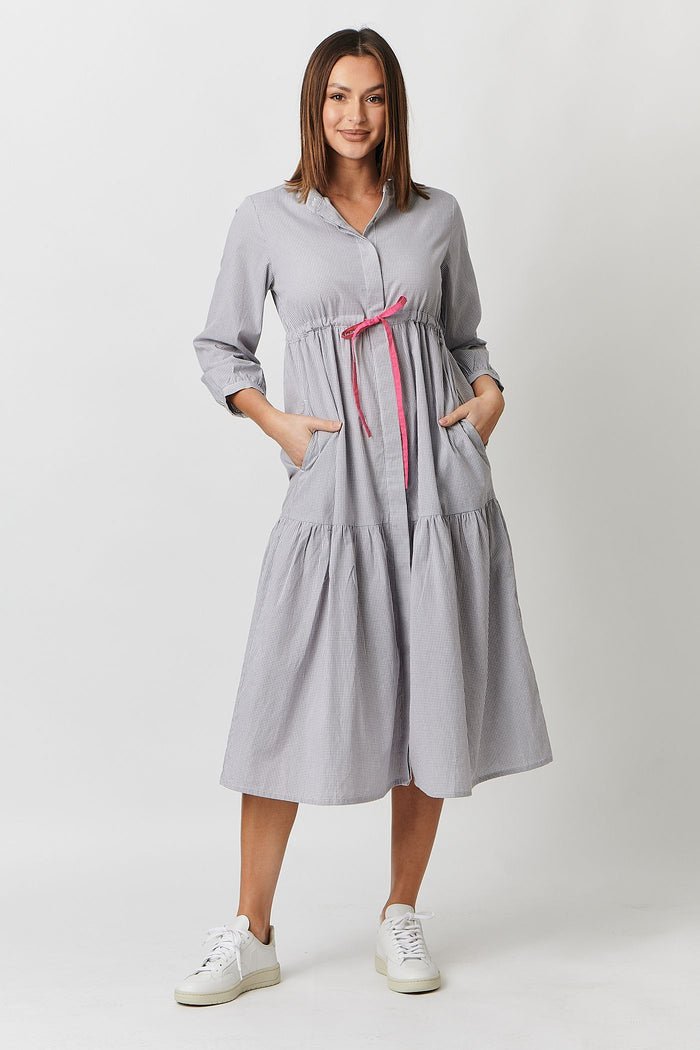grey checked midi dress with a button front