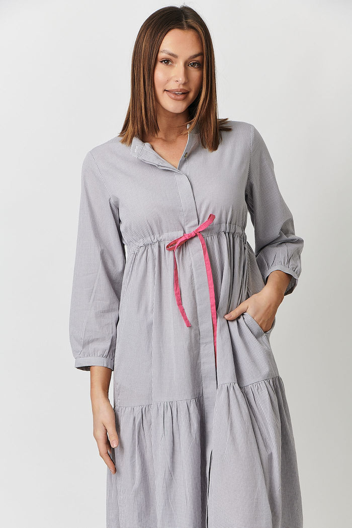 POP18 Shadow Check Grey Tiered Midi Dress