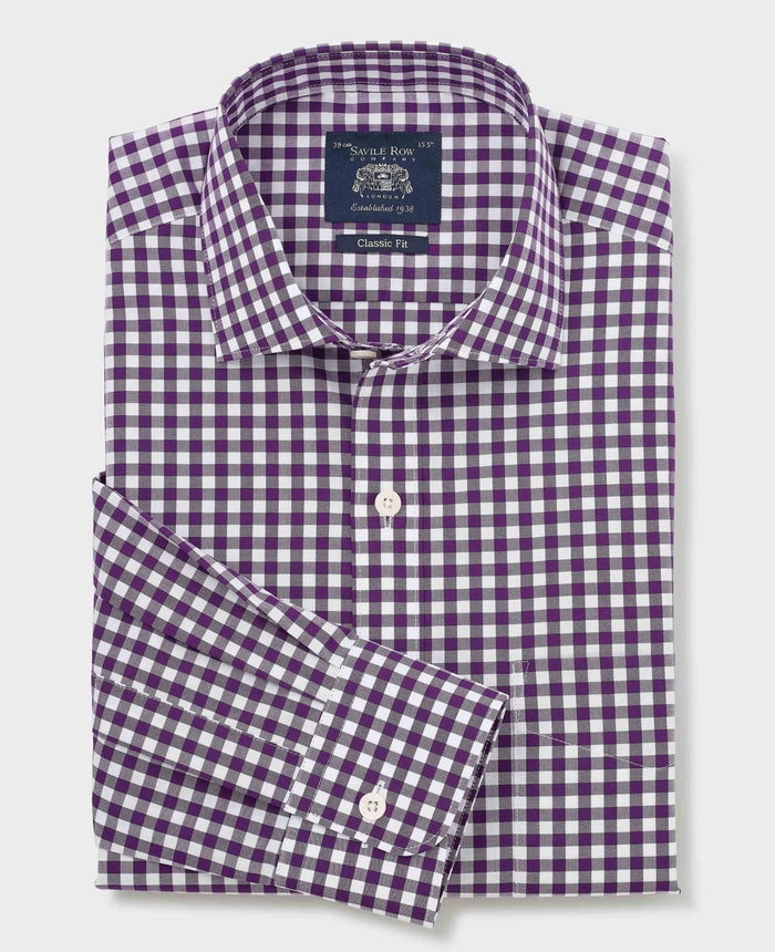 Men's Purple Gingham Check Classic Fit Formal Shirt With Single Cuffs folded shot