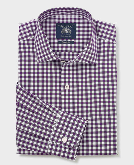 Men's Purple Gingham Check Classic Fit Formal Shirt With Single Cuffs folded shot
