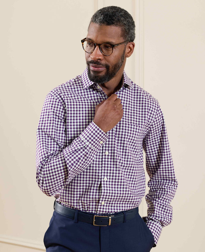 Men's Purple Gingham Check Classic Fit Formal Shirt With Single Cuffs model shot