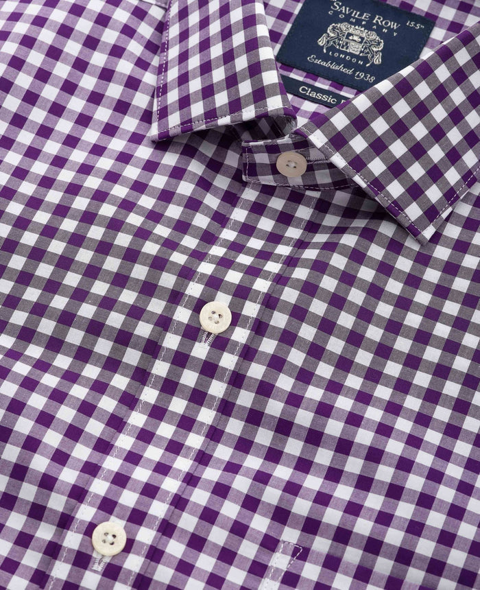 Men's Purple Gingham Check Classic Fit Formal Shirt With Single Cuffs collar detail