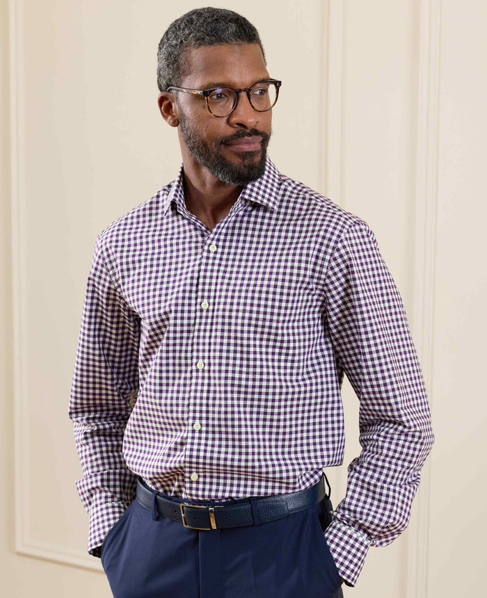 Men's Purple Gingham Check Classic Fit Formal Shirt With Single Cuffs model shot