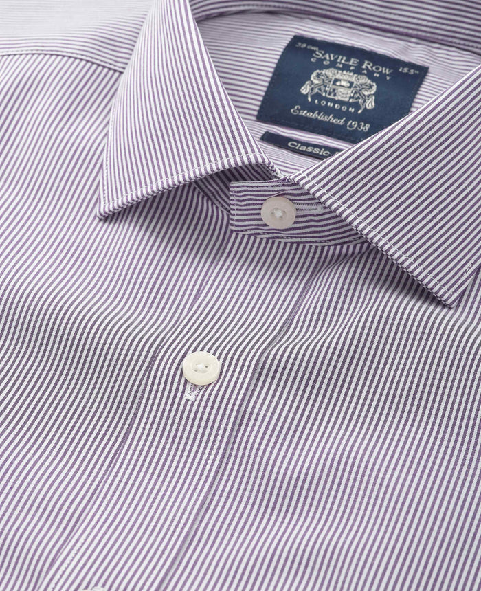 Men's Purple Stripe Cotton Poplin Classic Fit Formal Shirt With Double Cuffs collar detail