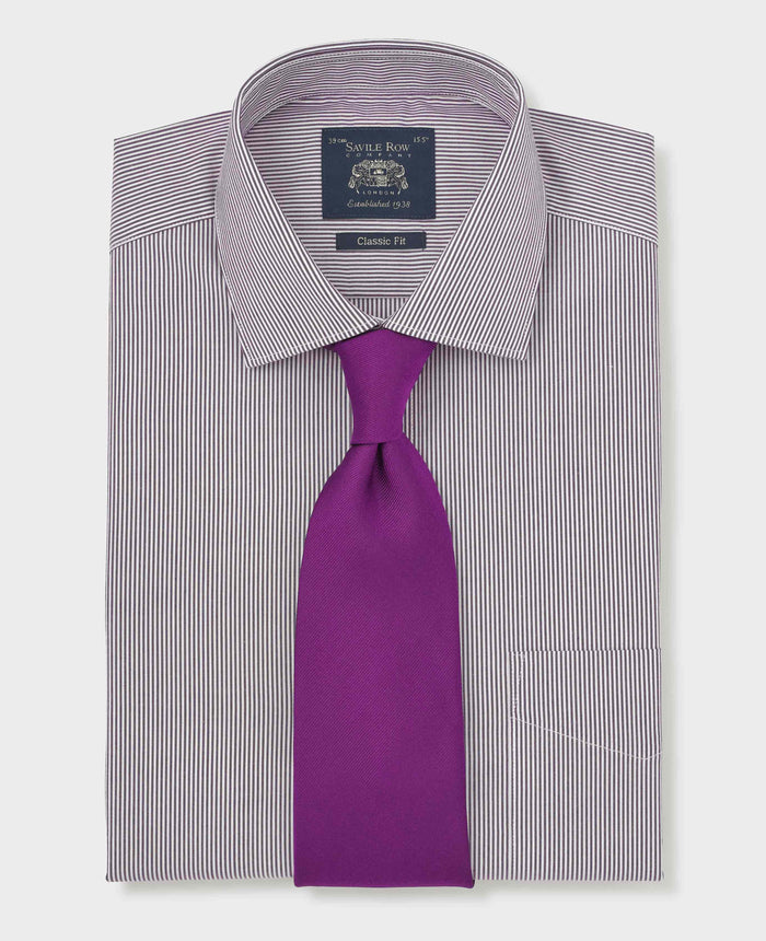 Men's Purple Stripe Cotton Poplin Classic Fit Formal Shirt With Double Cuffs folded with tie