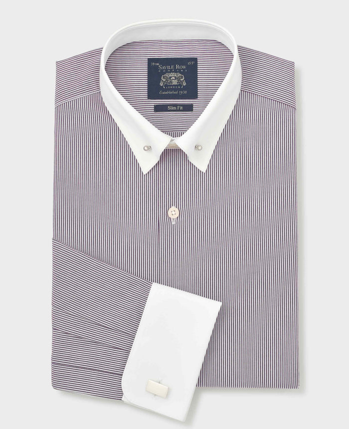 Men's Purple White Stripe Cotton Poplin Slim Fit Pin Collar Formal Shirt With Double Cuffs folded shot