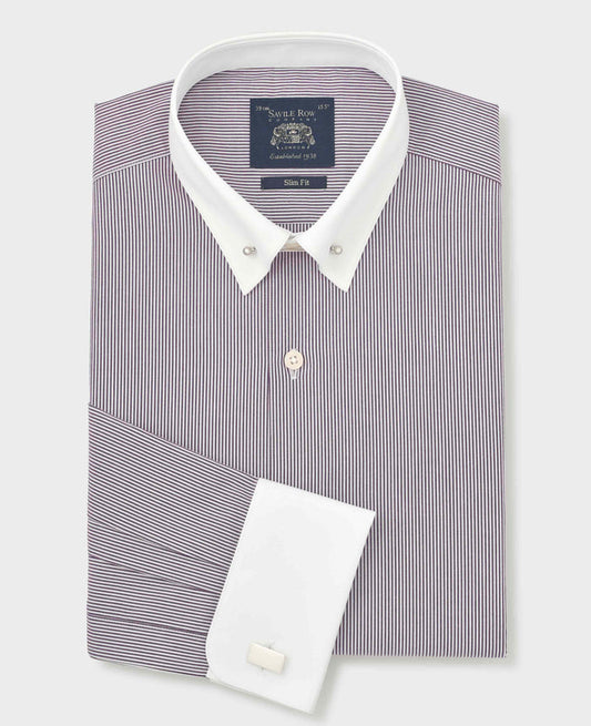 Men's Purple White Stripe Cotton Poplin Slim Fit Pin Collar Formal Shirt With Double Cuffs folded shot