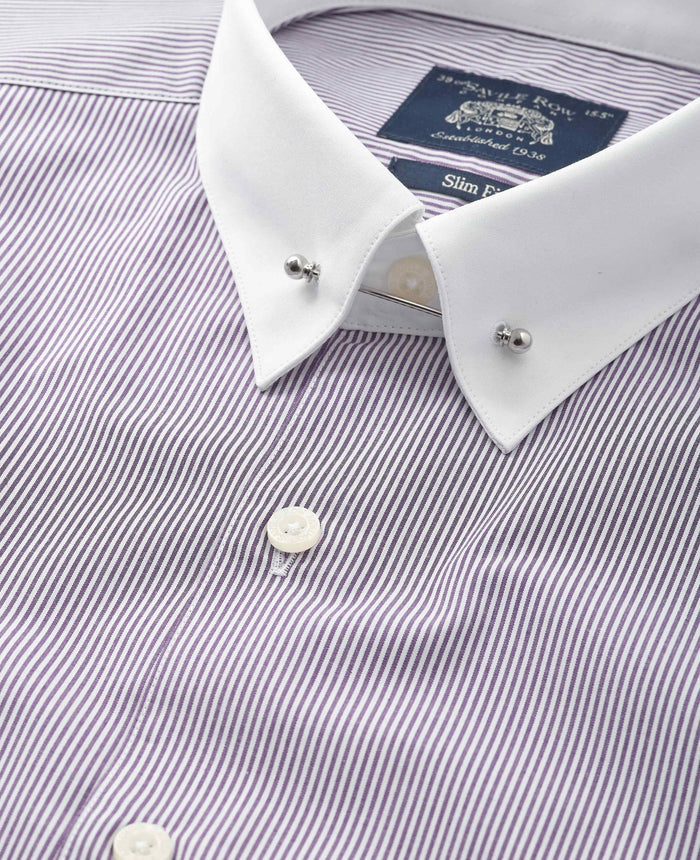 Men's Purple White Stripe Cotton Poplin Slim Fit Pin Collar Formal Shirt With Double Cuffs collar detail