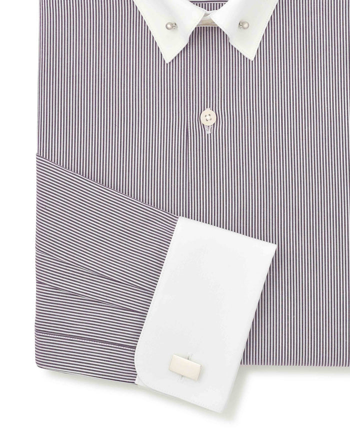 Men's Purple White Stripe Cotton Poplin Slim Fit Pin Collar Formal Shirt With Double Cuffs sleeve detail
