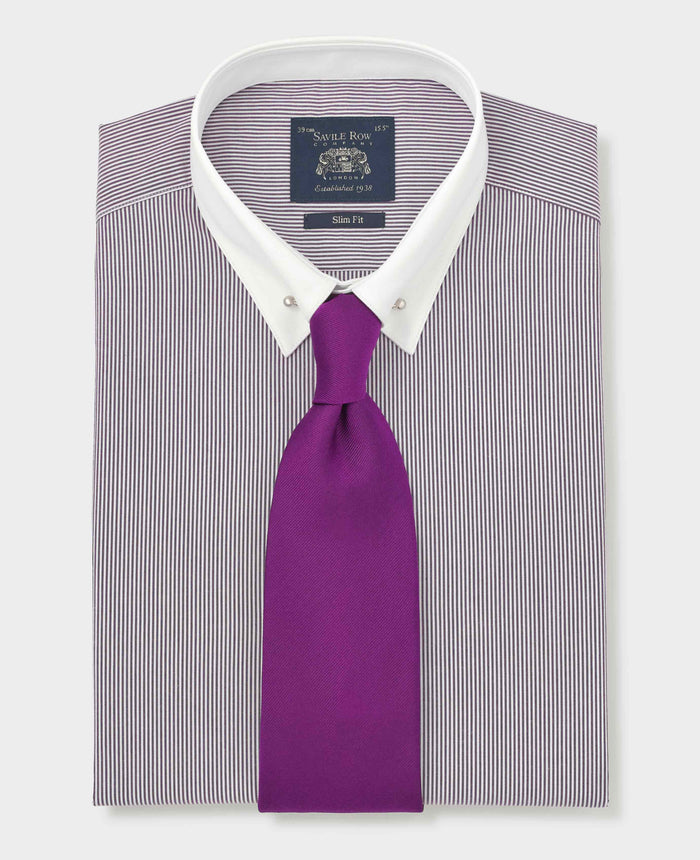 Men's Purple White Stripe Cotton Poplin Slim Fit Pin Collar Formal Shirt With Double Cuffs folded with tie