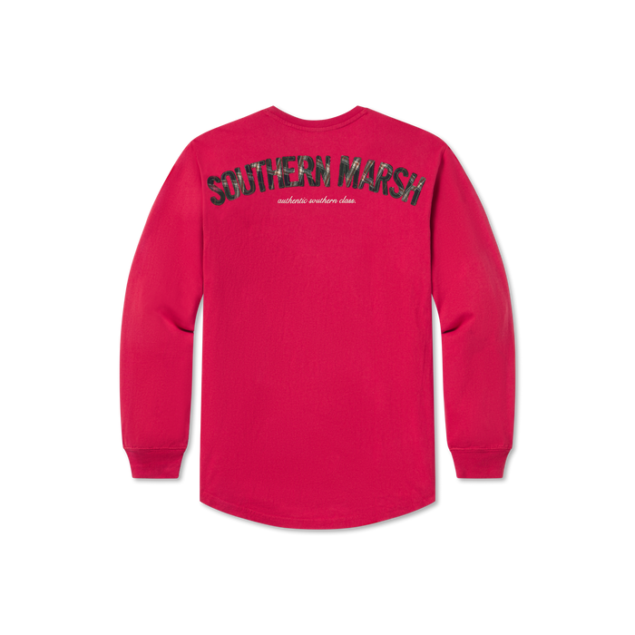 Vintage Red with Tartan | Rebecca Tartan Jersey | Womens Fit Long Sleeve T-shirt | Back
