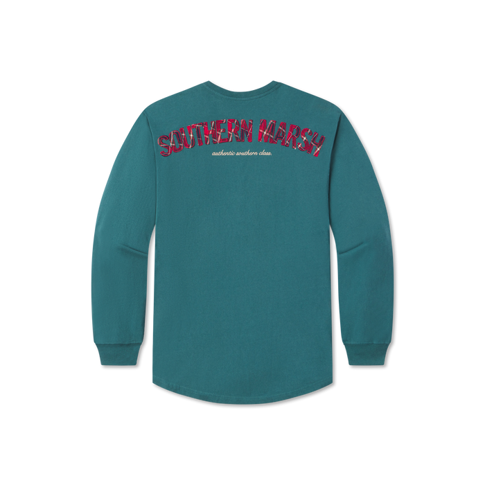 Dark Green with Tartan | Rebecca Tartan Jersey | Womens Fit Long Sleeve T-shirt | Back